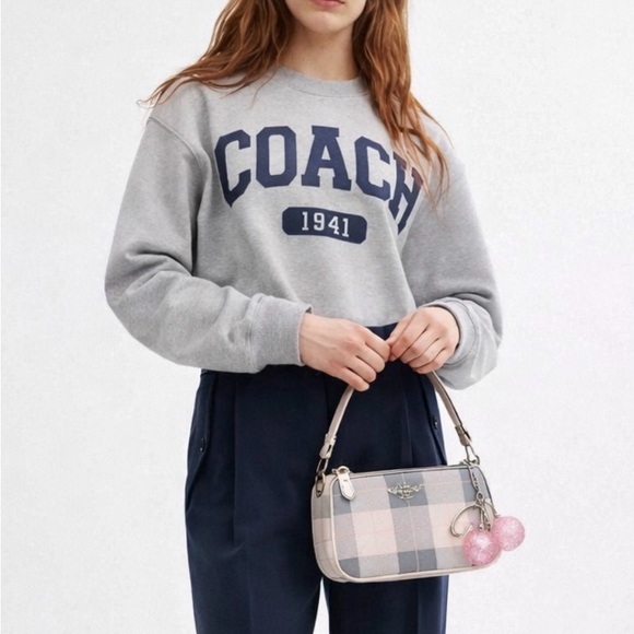 Coach Nolita 19 bag purse in buffalo plaid chalk / gray with pink cherry charm - Picture 2 of 10
